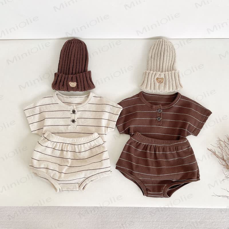 Baby Ribbed Stripe Henley Tee and Shorts 2-piece Set - image 1