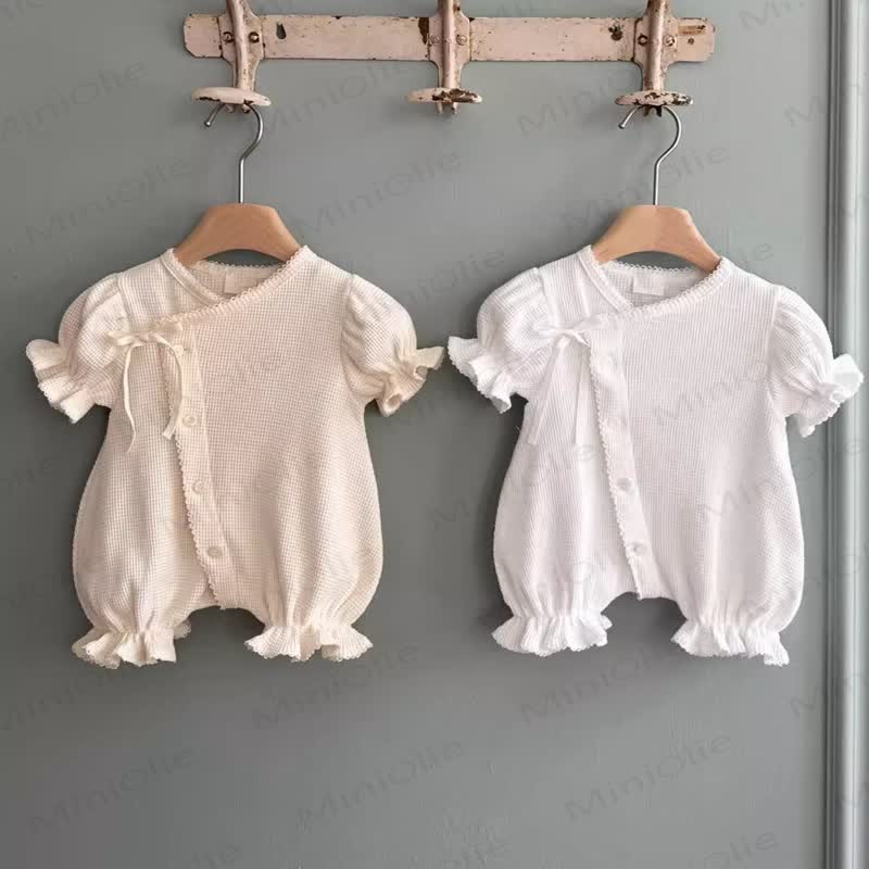 Baby Girls Cotton Bow Solid Color Puff Sleeves Bubble Legs Romper - image 1