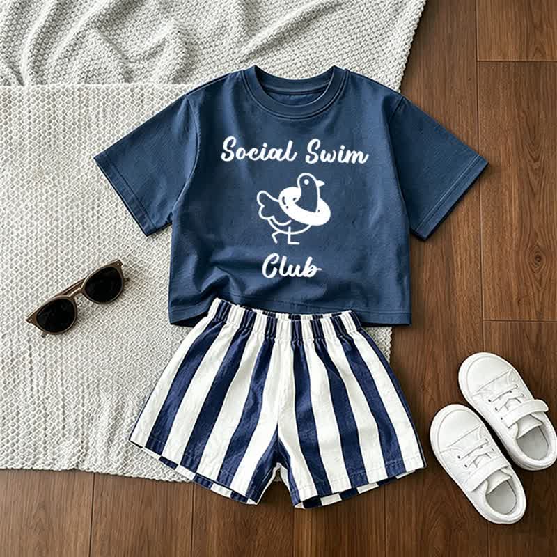 SOCIAL SWIM CLUB Baby Toddler Tee and Striped Shorts 2-piece Set - Blue - 3-5T - image 1