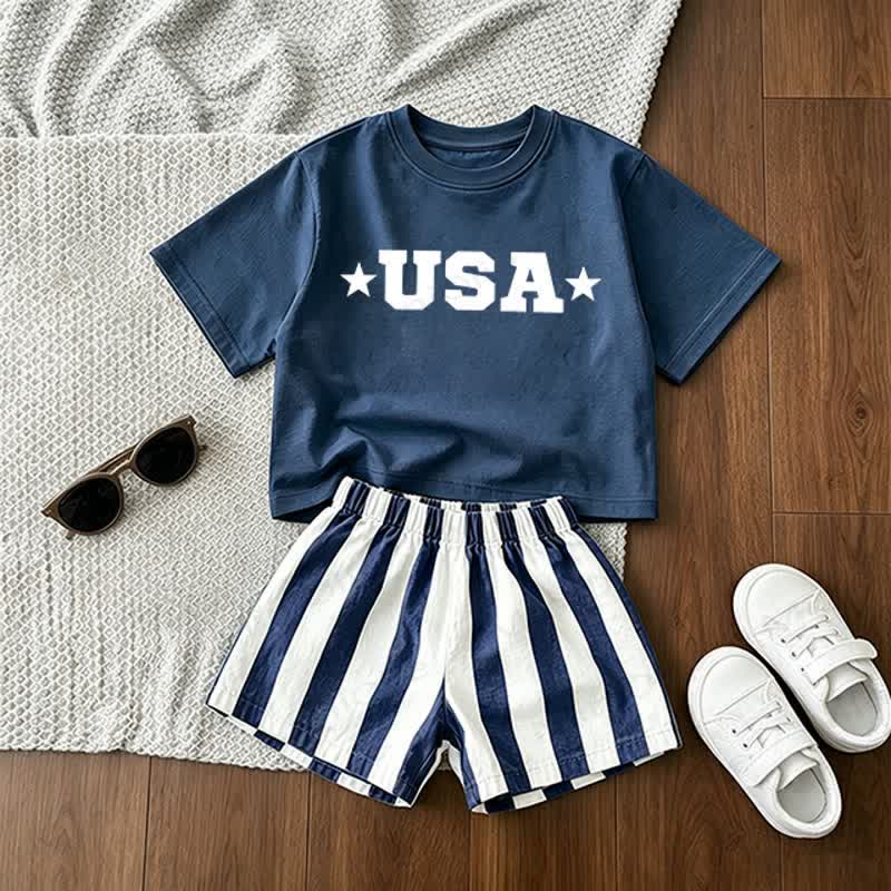 USA Baby Tee and Striped Shorts 2-Piece Set - Blue - 3-5T - image 1