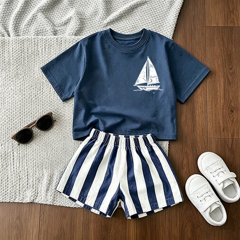 Baby Toddler Blue Sailboat Tee and Stripe Shorts 2-piece Set - Blue - 3-5T - image 1