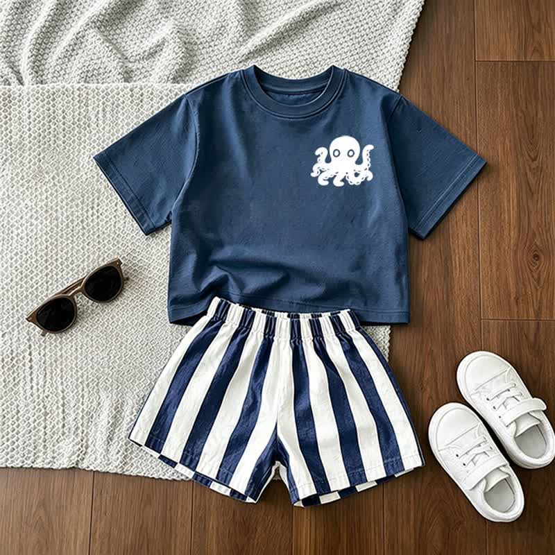 Baby Octopus Tee and Striped Shorts 2-Piece Set - Blue - 3-5T - image 1