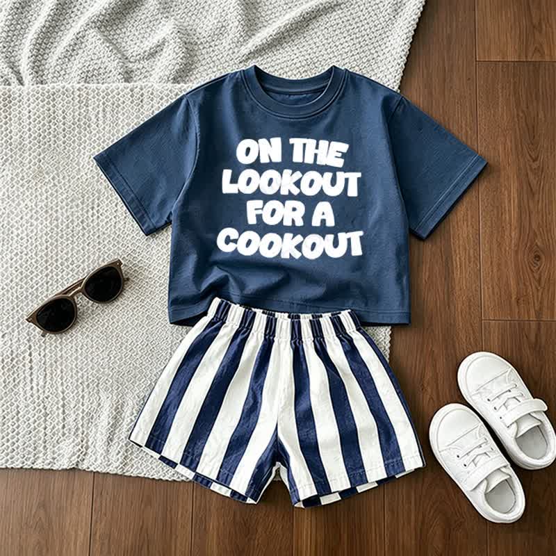 ON THE LOOKOUT FOR A COOKOUT Baby Tee and Striped Shorts 2-Piece Set - Blue - 3-5T - image 1