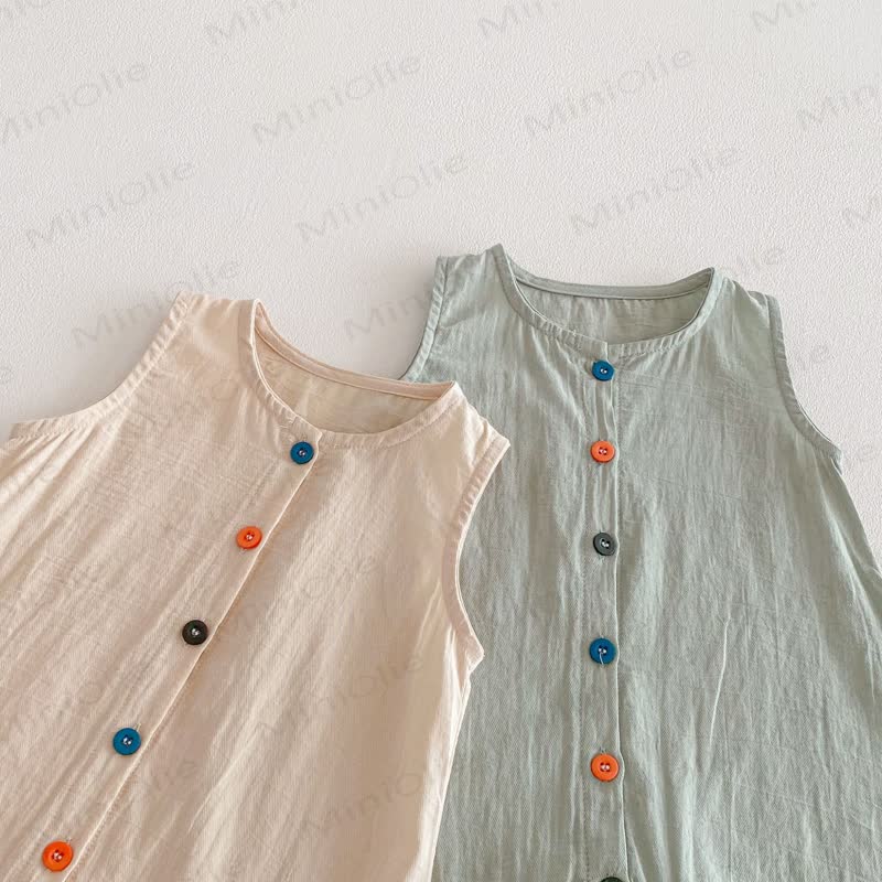 Baby Solid Color Airy Cotton Gauze Button Front Sleeveless Romper - image 4