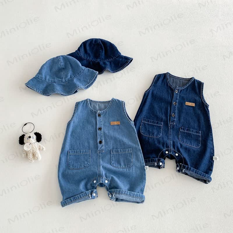 Baby Washed Denim Sleeveless Romper with Bucket Hat  - image 1