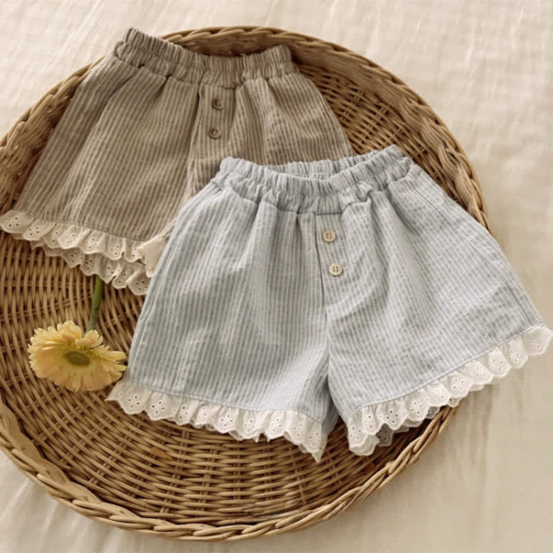 Toddler Girls Cotton Striped Lace Hem Shorts - Blue - 4-5T - image 1