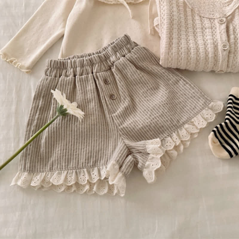 Toddler Girls Cotton Striped Lace Hem Shorts - Coffee - 4-5T - image 2