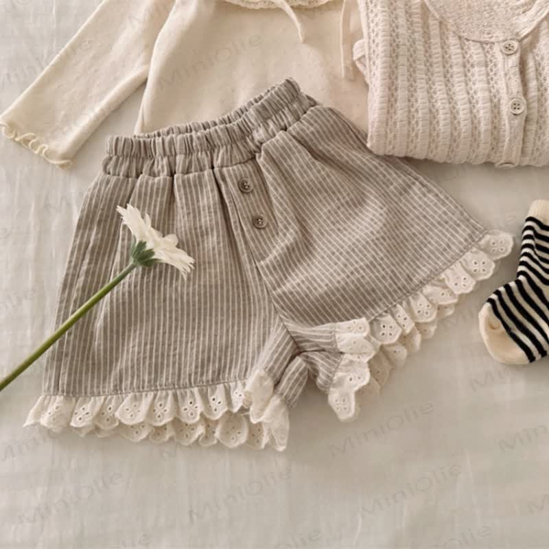Toddler Girls Cotton Striped Lace Hem Shorts - Coffee - 4-5T - image 2
