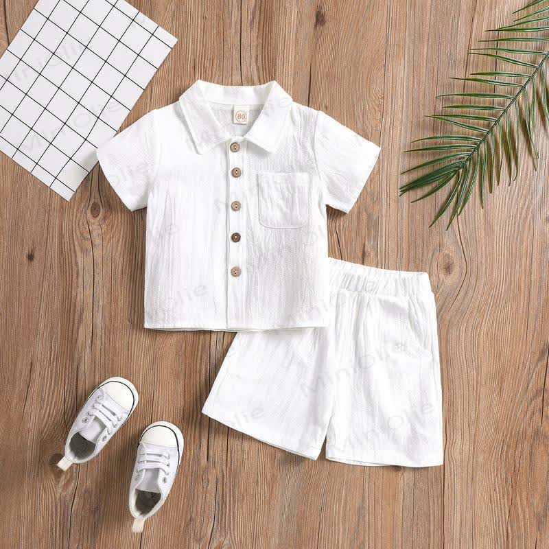 Toddler Kid Boys Cotton Linen Solid Color Polo Shirt and Shorts 2-piece Set - White - 10-11T - image 2