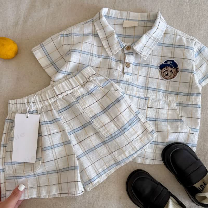 Baby Boys Cotton Plaid Bear Embroidery Shirt and Shorts 2-piece Set - image 1