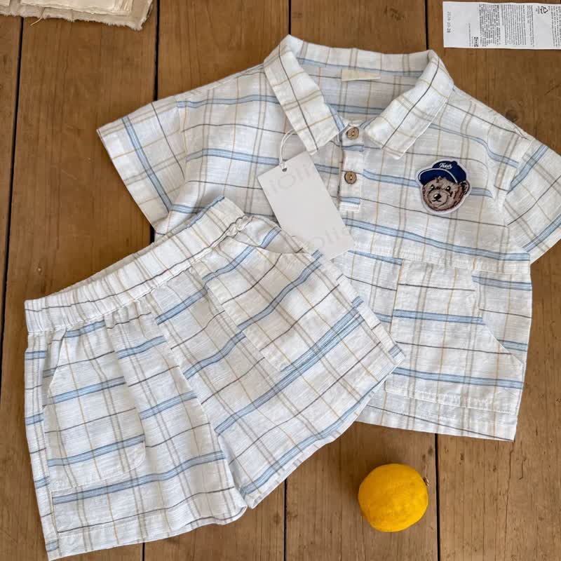 Baby Boys Cotton Plaid Bear Embroidery Shirt and Shorts 2-piece Set - White - 4-5T - image 2