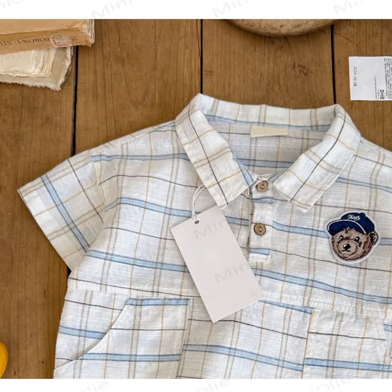 Baby Boys Cotton Plaid Bear Embroidery Shirt and Shorts 2-piece Set - image 3