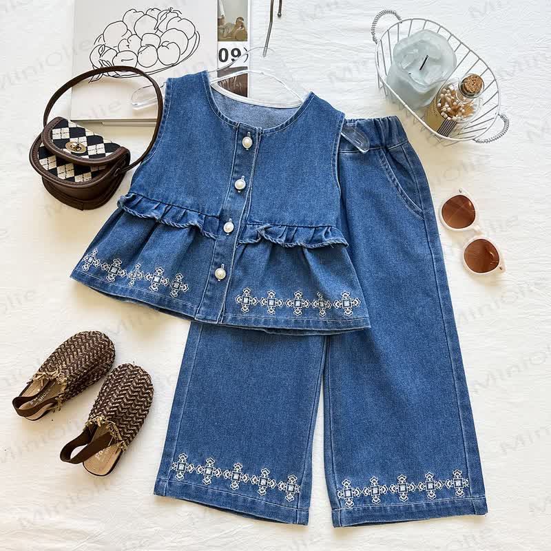 Toddler Girl Denim Sleeveless Set - Blue - 10-11T - image 1