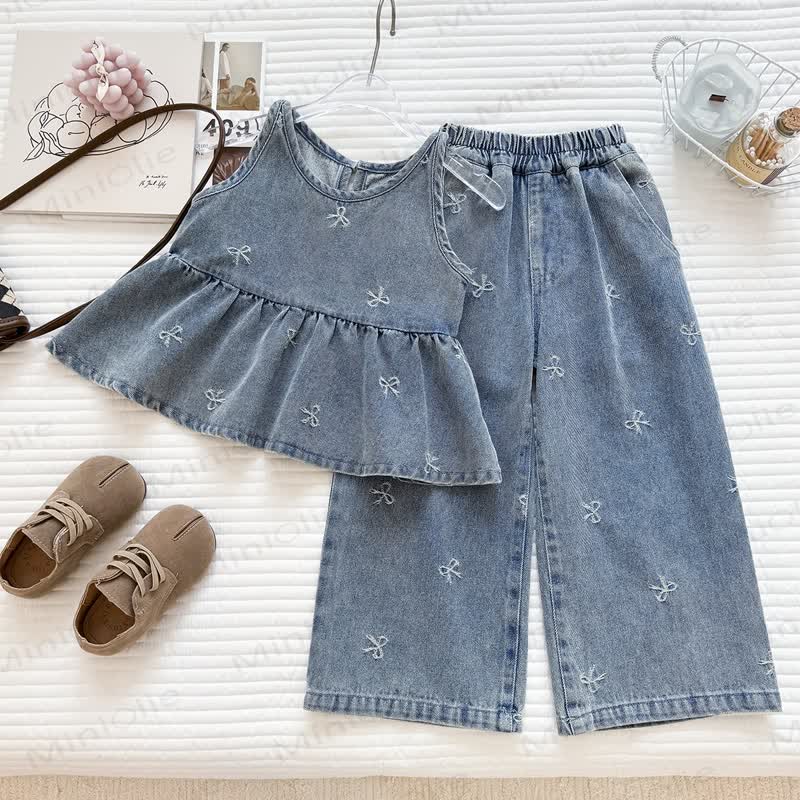 Toddler Girl Bow Embroidered Denim Peplum Pant Set - Blue - 10-11T - image 1