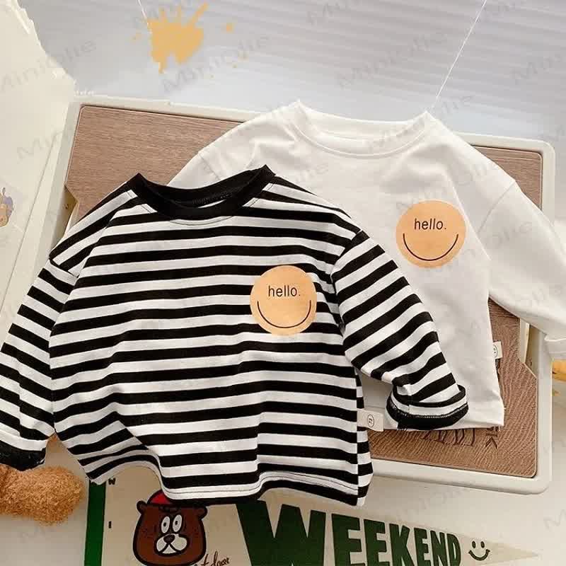 HELLO Toddler Baby Smiley Face Solid Color/Striped Long Sleeve T-Shirt - image 1