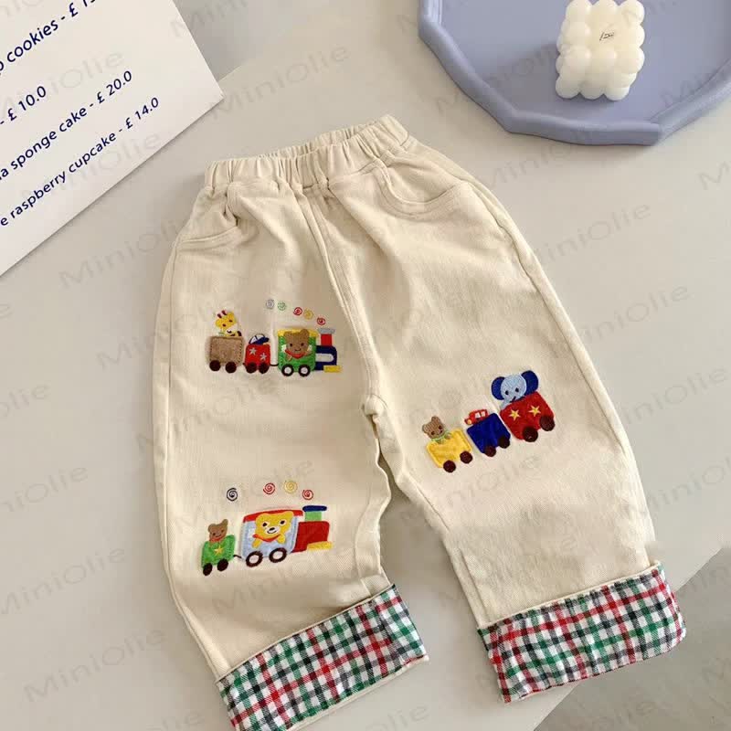Toddler Cotton Cartoon Train Print Plaid Cuffed Pants - Beige - 4-5T - image 3