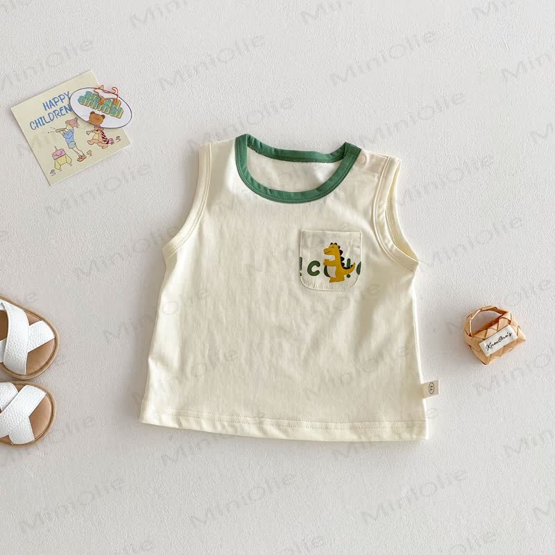 Toddler Cotton Dinosaur Print Tank Top or Suspender Shorts  - Beige - 2-3T - image 2