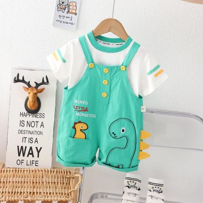 Baby Boys Dinosaur Print Tee and Suspender Shorts 2-piece Overalls Set - Green - 4-5T - image 3