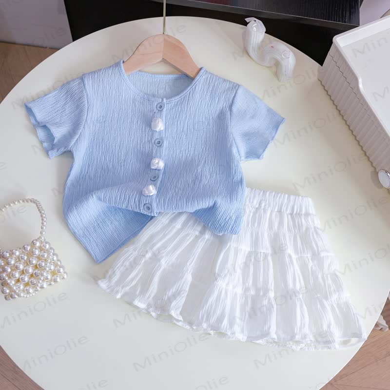 Toddler Girl Blue Short-Sleeve Set - Blue&White - 6-7T - image 1