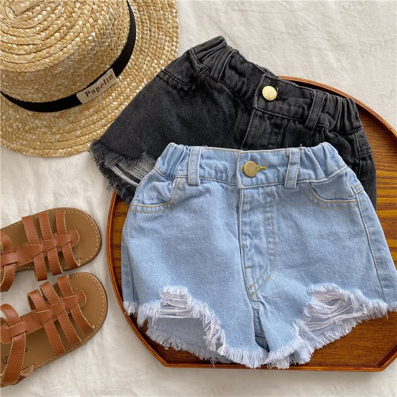 Toddler Kid Girls Washed Denim Solid Color Frayed Hem Shorts - image 1