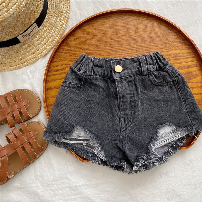 Toddler Kid Girls Washed Denim Solid Color Frayed Hem Shorts - Black - 10-11T - image 2