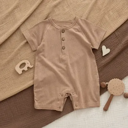 Baby Modal Ribbed Button Animal Romper - Coffee - 18-24M - image 3