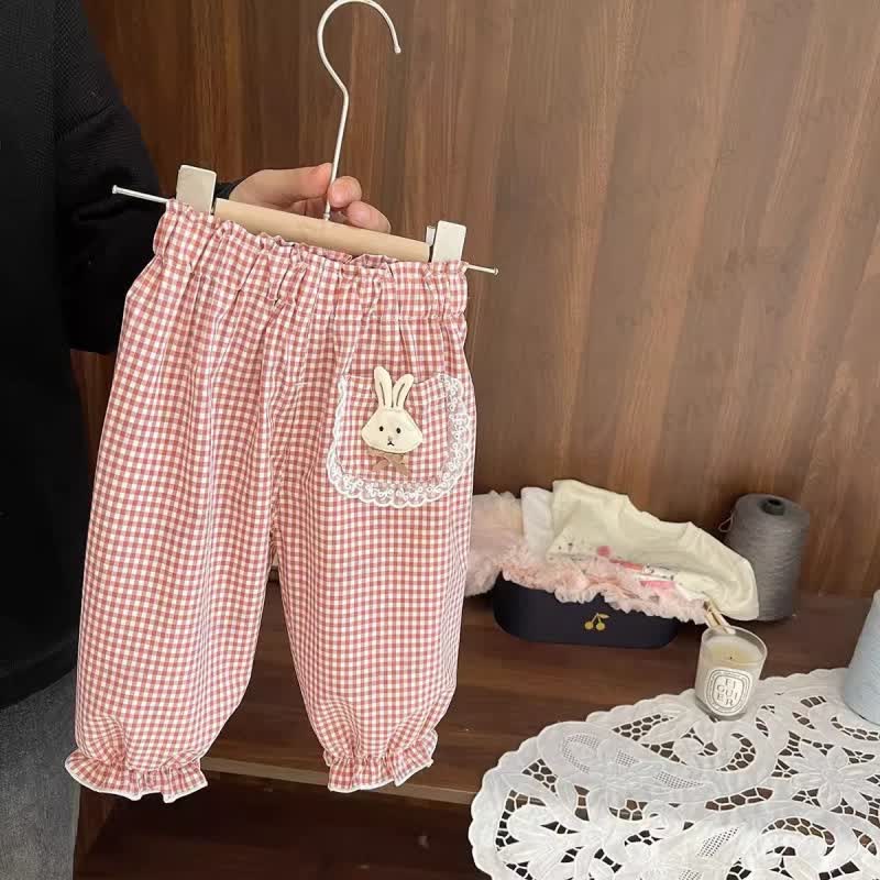 Toddler Girls Bunny Embroidery Gingham Ruffle Cuff Casual Pants - Red - 6-7T - image 2