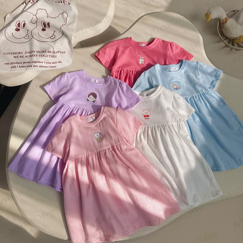 Toddler Girl Solid Color Cartoon Print Dress - image 1