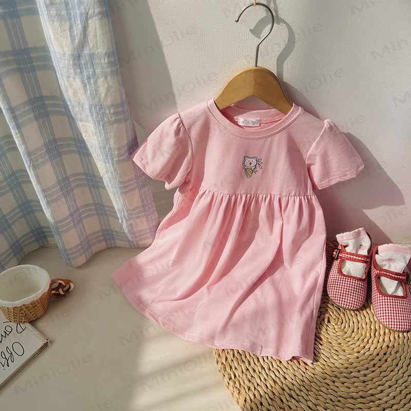 Toddler Girl Solid Color Cartoon Print Dress - Pink - 8-9T - image 3