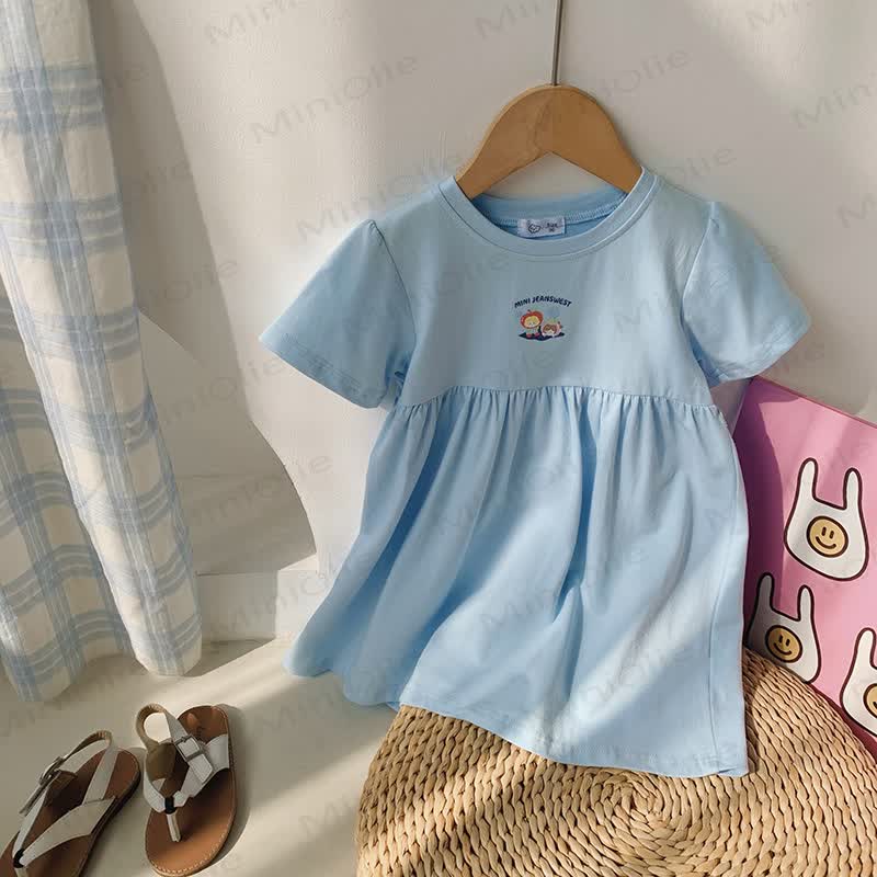 Toddler Girl Solid Color Cartoon Print Dress - Blue - 8-9T - image 4