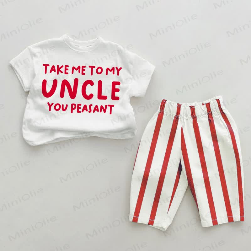TAKE ME TO MY AUNT/UNCLE YOU PEASANT Baby Red Vertical Striped 2-piece Set - White&Red: UNCLE - 2-3T - image 2