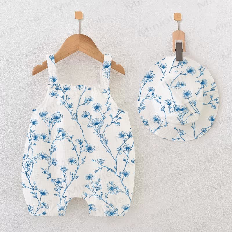 Baby Girl Blue Flower Romper with Hat - White - 18-24M - image 1