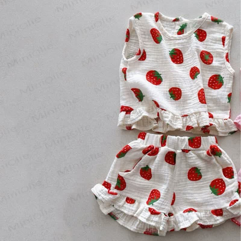 Toddler Baby Girl Strawberry Ruffle Top and Shorts 2-piece Sleeveless Set - White - 5-6Y - image 2