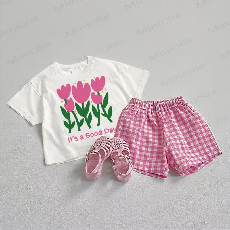 IT'S A GOOD DAY Baby Tulip Tee and Plaid Shorts 2-Piece Set - White&Pink - 3-5T - image 1