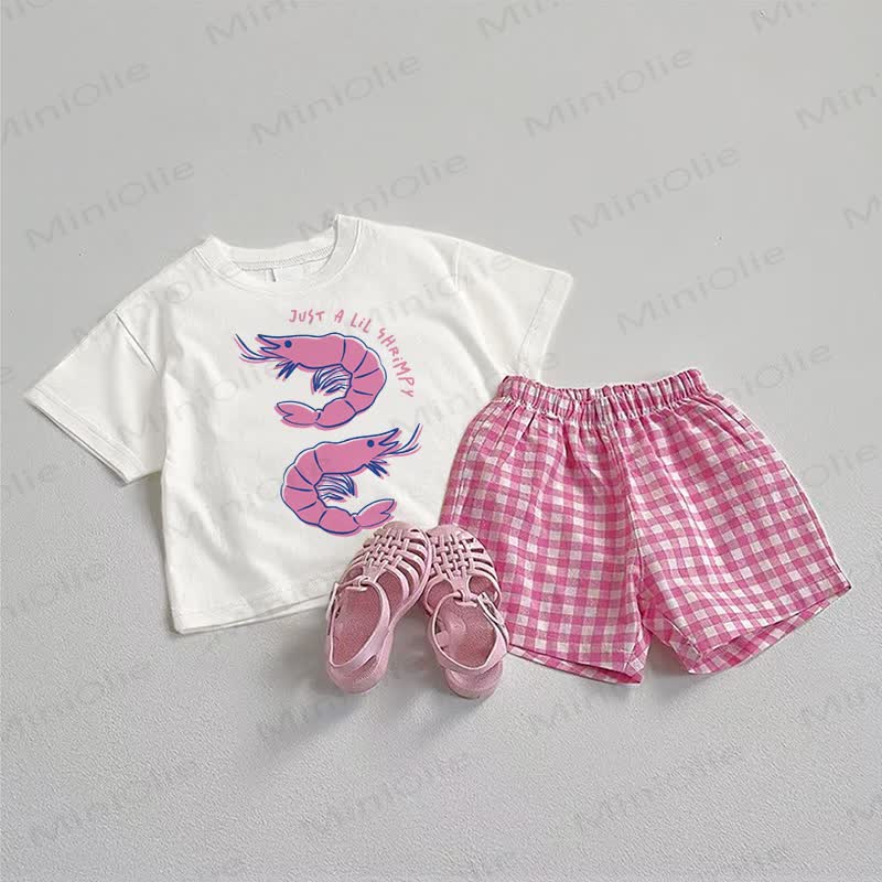 JUST A LIL SHRIMPY Baby Tee and Plaid Shorts 2-Piece Set - White&Pink - 3-5T - image 1