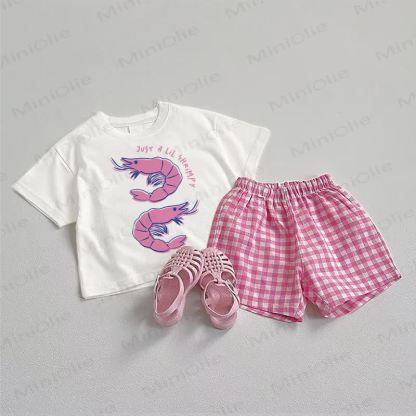 JUST A LIL SHRIMPY Baby Tee and Plaid Shorts 2-Piece Set - White&Pink - 3-5T - image 1