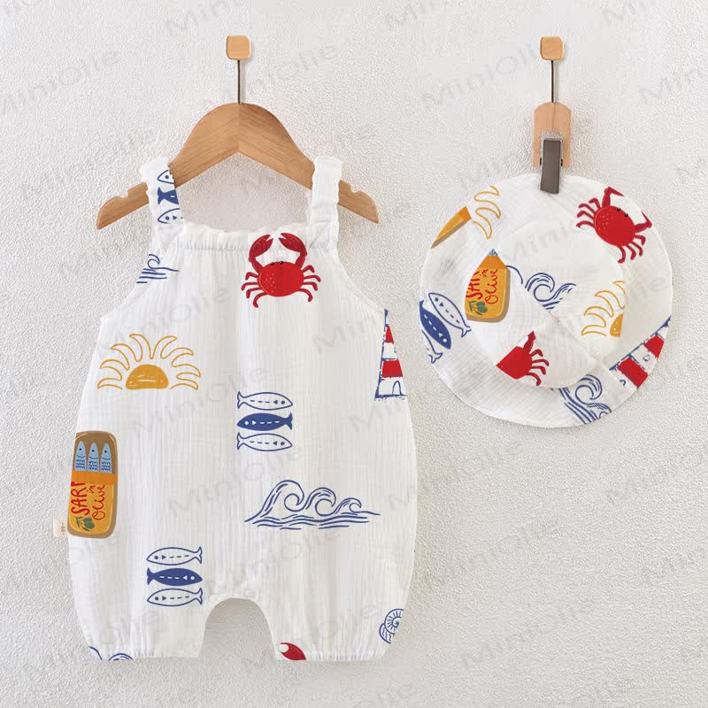 Baby Crab Print White Romper with Hat - White - 18-24M - image 1