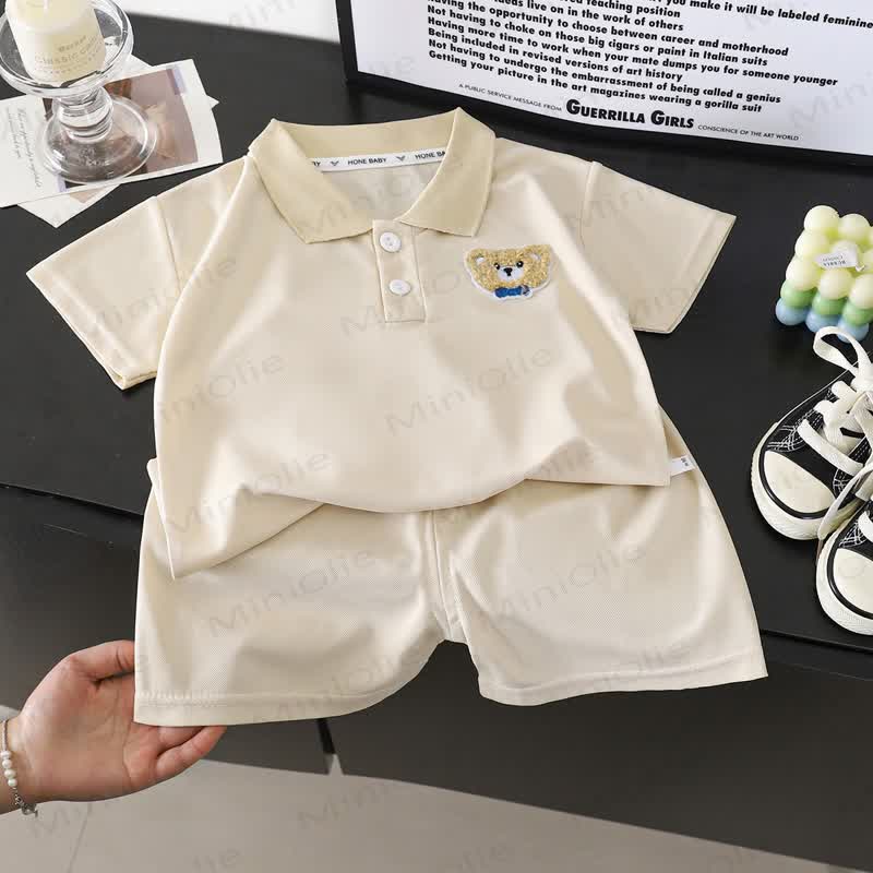 Baby Toddler Bear Embroidered Polo Shirt and Shorts 2-piece Set - Khaki - 6-7T - image 7