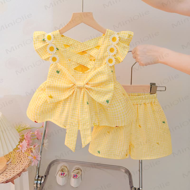 Toddler Baby Girl Yellow Flower Plaid Summer 2-piece Sleeveless Set - Yellow - 4-5T - image 1