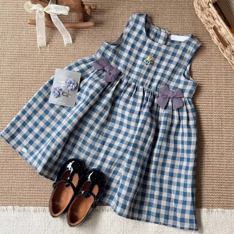 Toddler Girl Blue Plaid Bow Sleeveless Dress - Blue - 7-8T - image 1