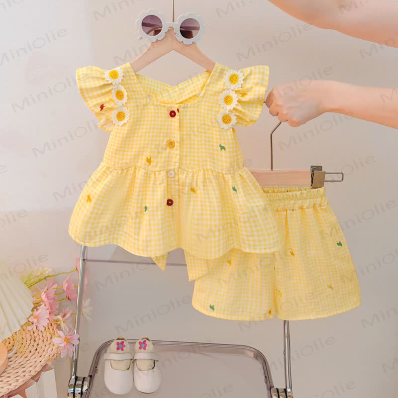 Toddler Baby Girl Yellow Flower Plaid Summer 2-piece Sleeveless Set - image 2