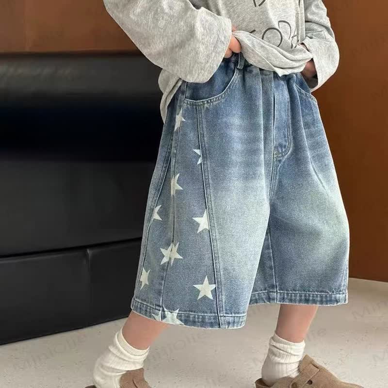 Toddler Boys Star Patch Washed Denim Solid Blue Shorts - Blue - 12-13T - image 1