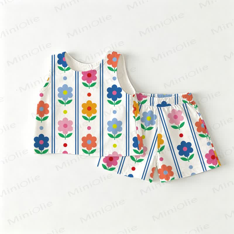 Baby Girls Flower Striped Print Tank Top and Shorts 2-Piece Set - White - 3-4T - image 1