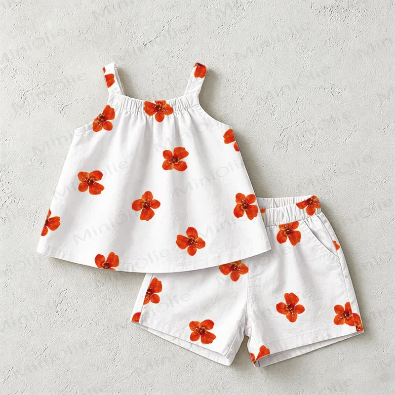 Baby Girls White Flower Print Tank Top and Shorts 2-Piece Set - White - 3-4T - image 1