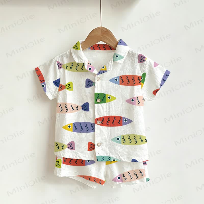 Toddler Boys Little Fish Print Shirt and Shorts 2-piece Set - White - 4-5T - image 1