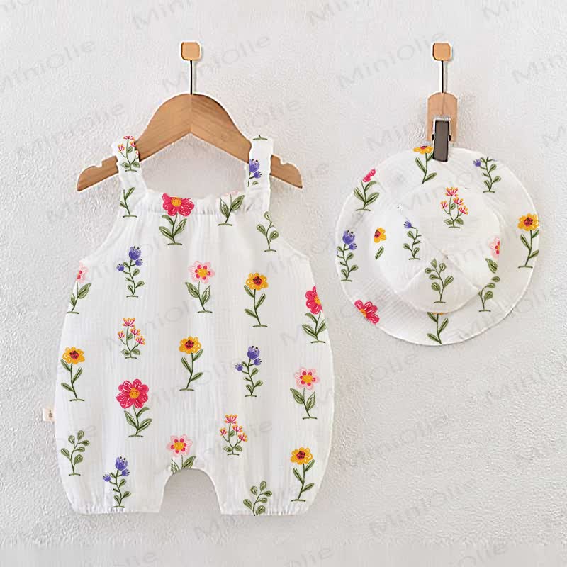 Baby Girls White Flower Print Romper with Hat - White - 18-24M - image 1