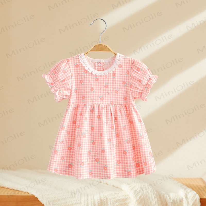 Toddler Baby Girls Print Puff Sleeve Summer Dress - Pink Checkered - 4-5T - image 1