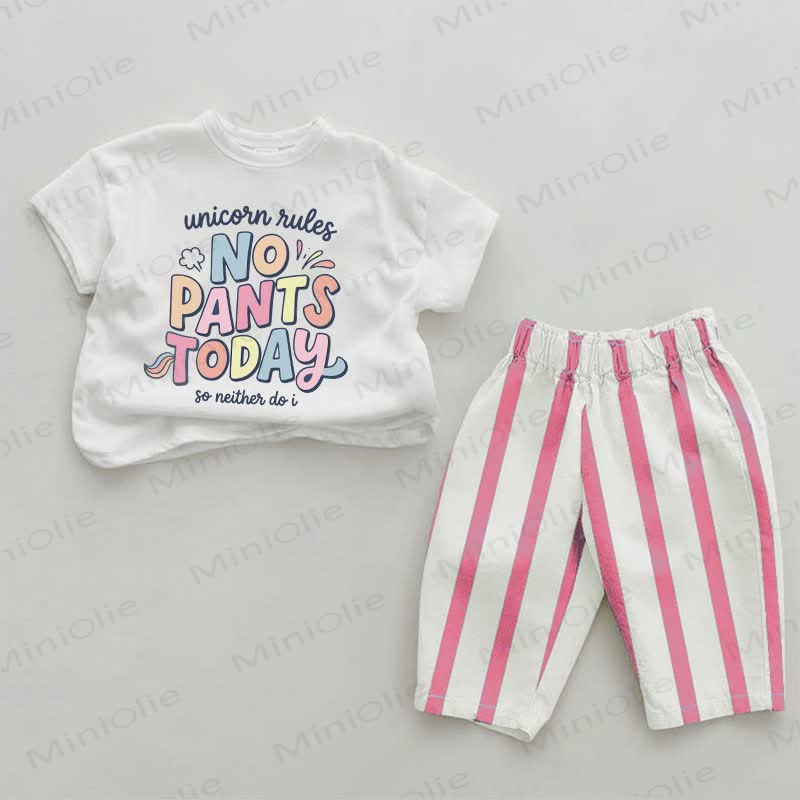 NO PANTS TODAY Baby Girls Slogan Pink Vertical Striped 2-piece Set - White&Pink - 2-3T - image 1