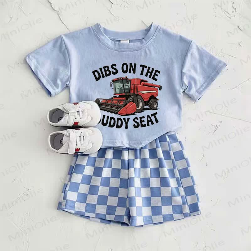 DIBS ON THE BUDDY SEAT Baby Boys Blue Excavator Print T-shirt and Plaid Pants 2-Piece Set - Blue - 2-3T - image 1