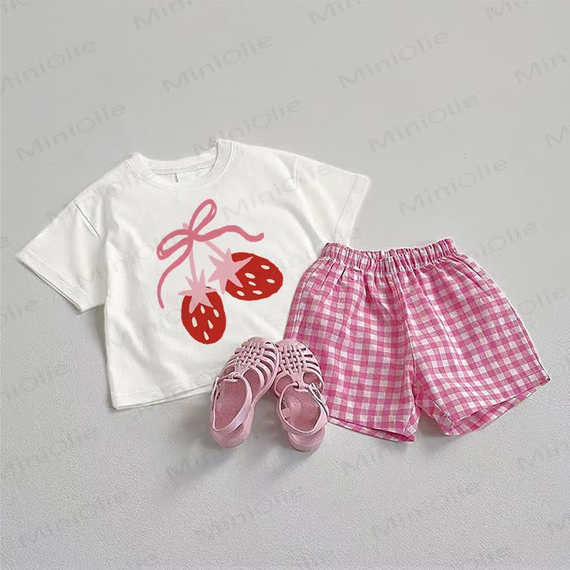 Baby Bow and Strawberry White&Pink Tee and Plaid Shorts 2-Piece Set - White&Pink - 3-5T - image 1